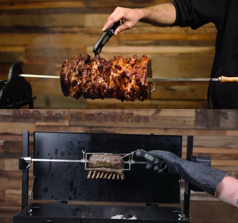 Checking internal temperature of meat on a spit roaster using an instant-read digital thermometer, top image shows gyros-style pork, bottom image shows rack of ribs roasting.