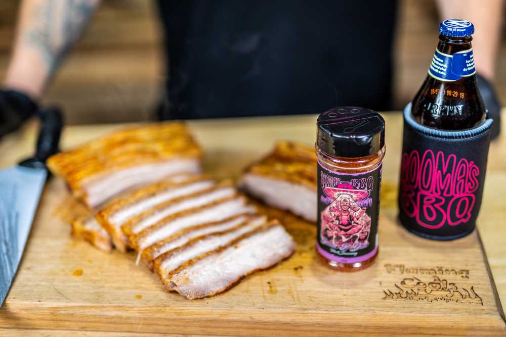 This is a picture of pork belly cooked on a jumbuck spit Roaster during the filming of our Jumbuck recipe Masterclass