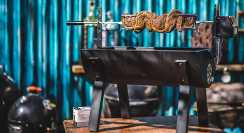 This image shows Picanha cooked on Jumbuck Mini Spit Roaster