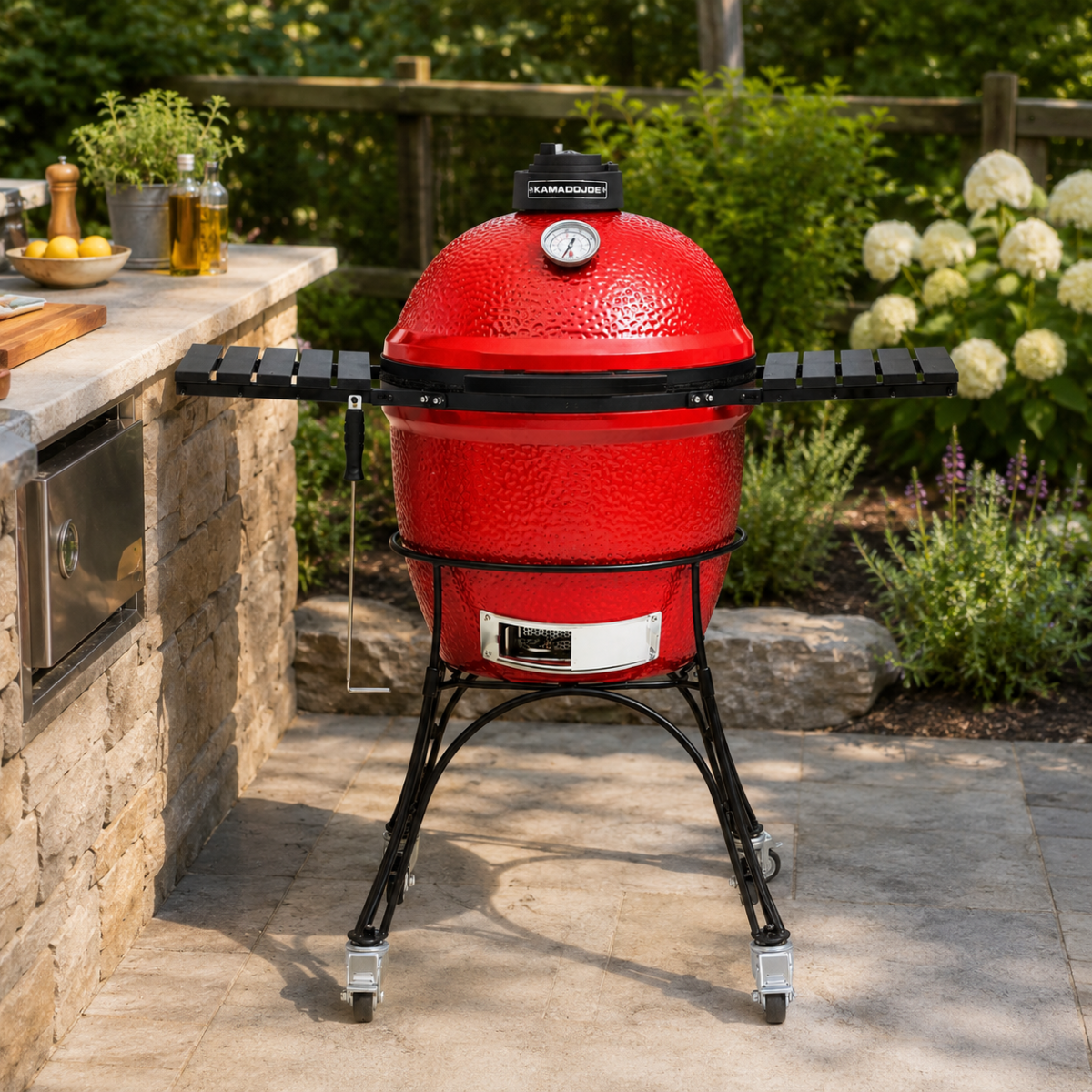 Kamado Joe Classic Joe Grill I in a realistic outdoor cooking setup, ready for charcoal grilling, smoking and roasting with signature ceramic heat retention and versatility.