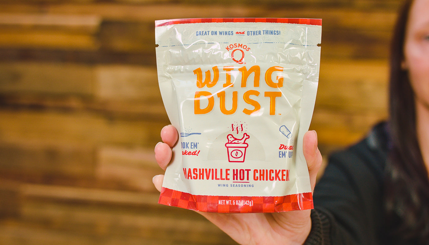 This image shows a Kosmos Q wing Dust Nashville hot Chicken