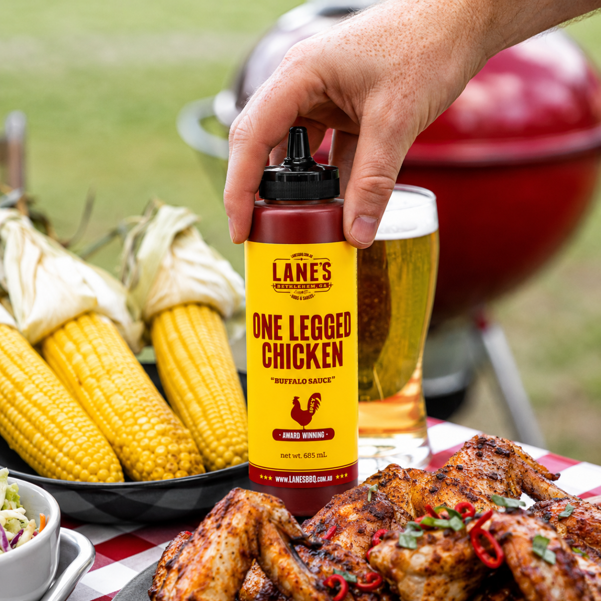 Lane’s One Legged Chicken Sauce Pitmaster bottle displayed with grilled chicken wings, corn, and coleslaw on a red checkered picnic table, showcasing a spicy buffalo-style BBQ sauce for chicken dishes.