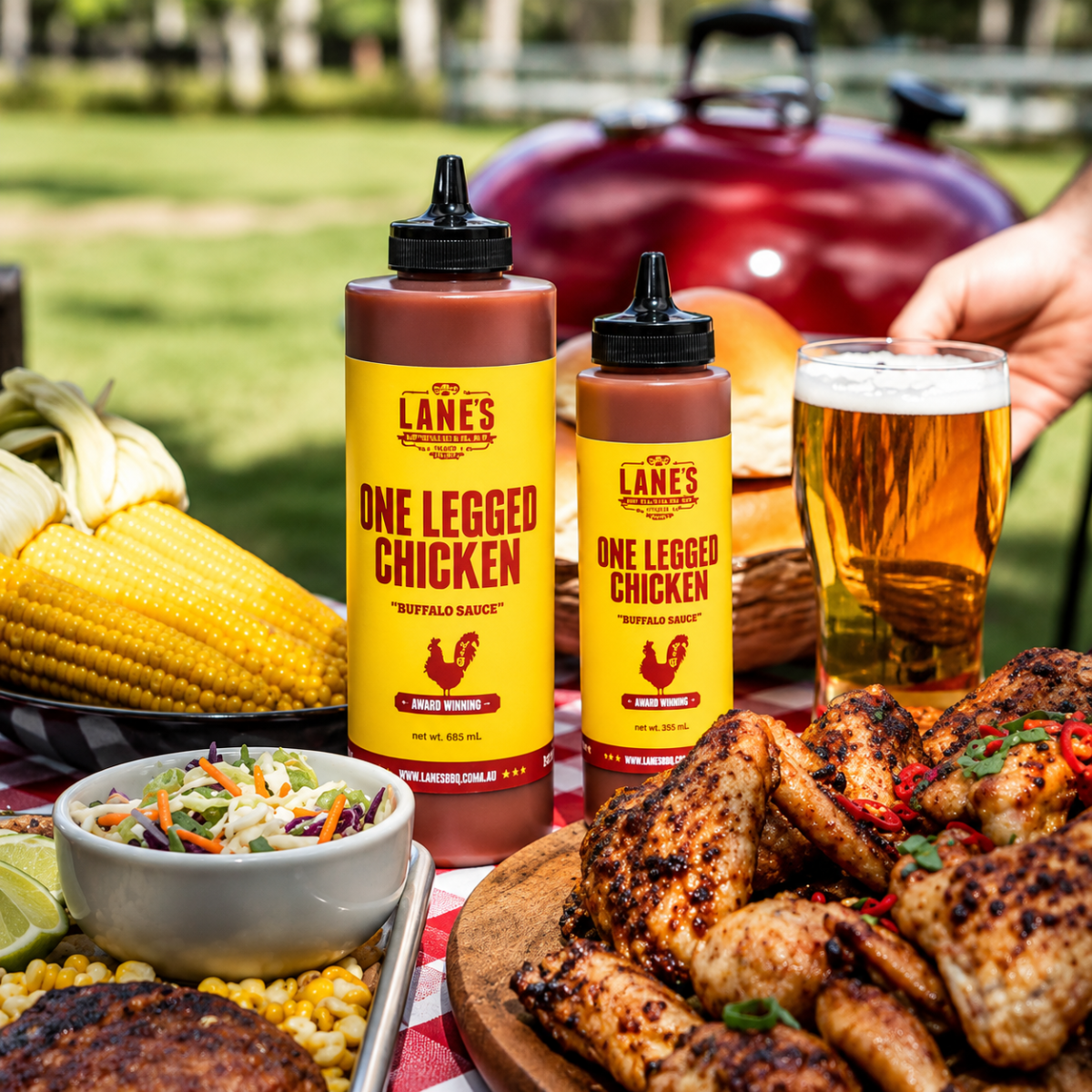 One Legged Chicken Sauce Pitmaster by Lane's BBQ Buffalo Sauce bottles displayed with grilled chicken wings, corn, coleslaw, and beer at an outdoor barbecue, showcasing a smoky and spicy buffalo sauce for chicken dishes.