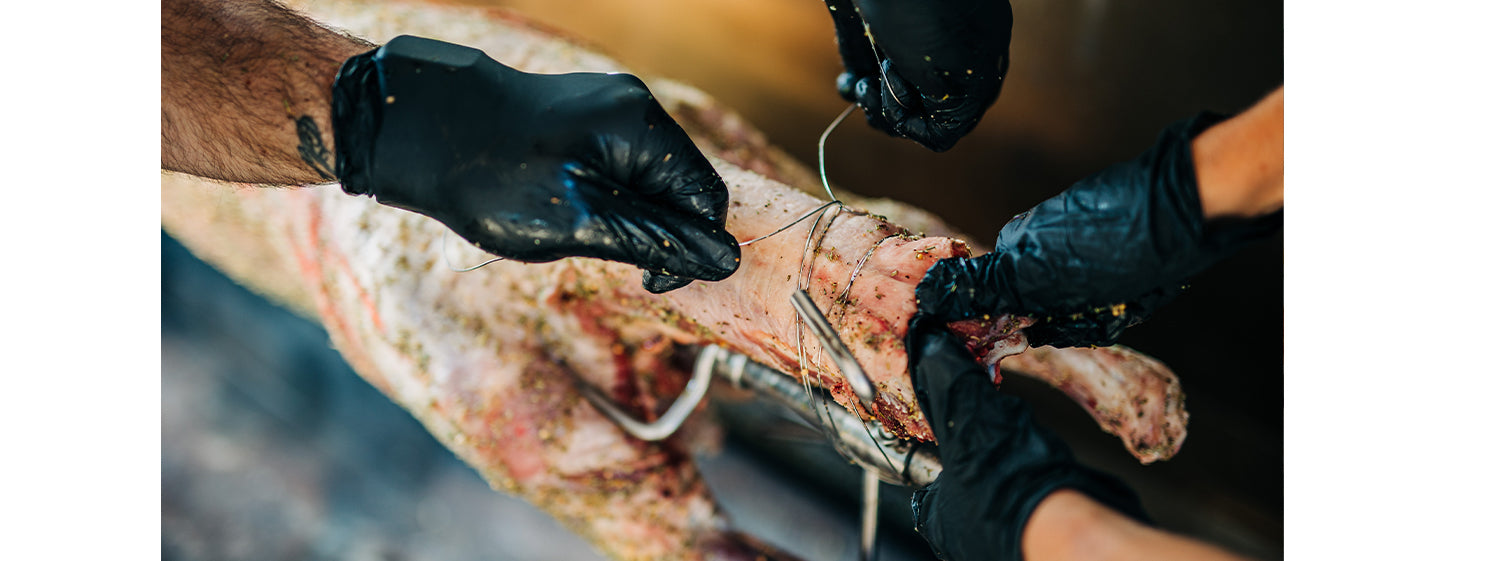 Lamb's legs with wires to hold them in place