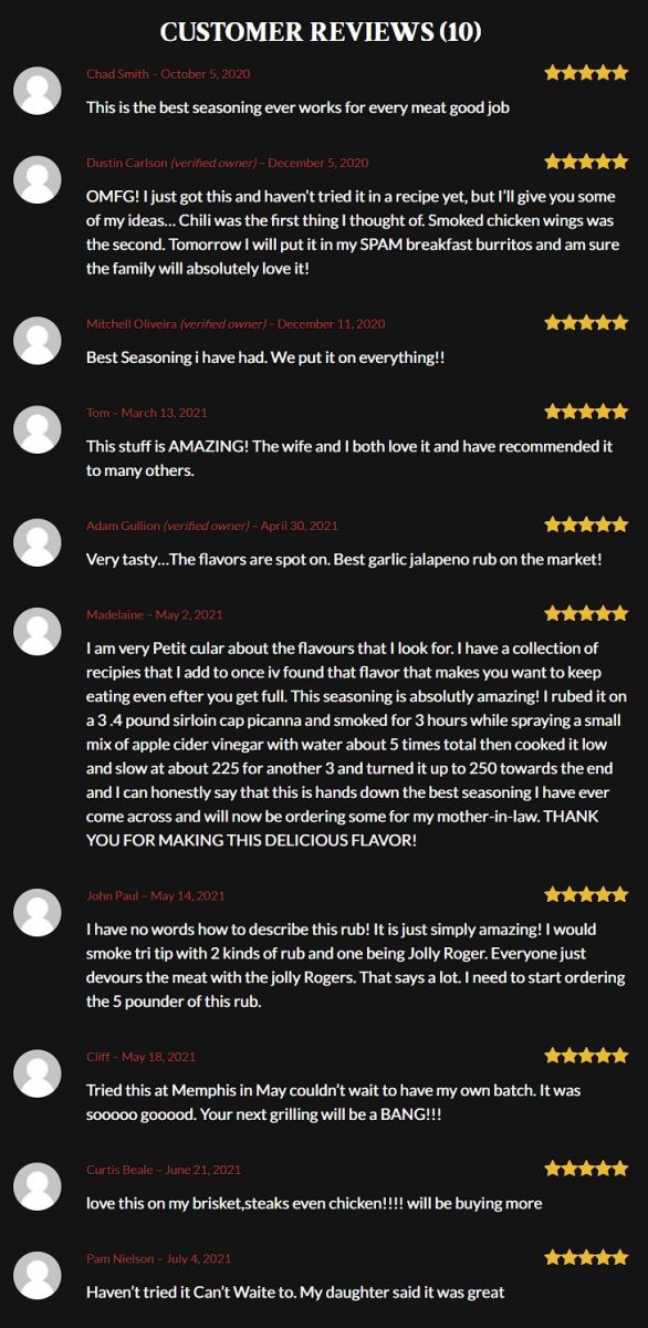 This is a screen shot that has customer reviews on the Lot n booty jolly roger jalapeno rub