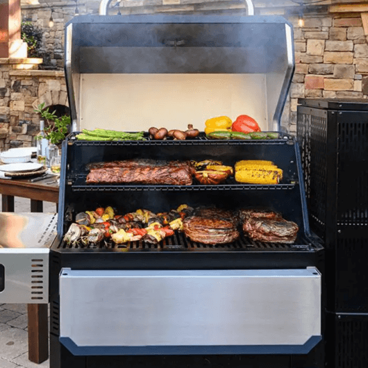 Masterbuilt Gravity Feed Smoker loaded with ribs, steaks, kebabs, corn, mushrooms, peppers and asparagus for a full BBQ feast.