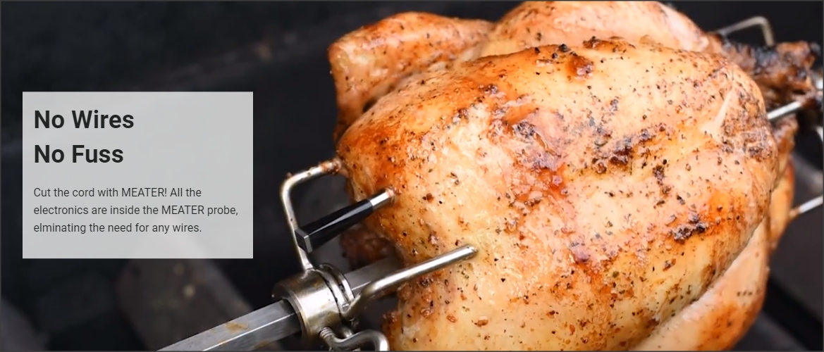 This is a picture of the Meater Rotisserie thermometer being used to measure the temperature of a chicken on a rotisserie