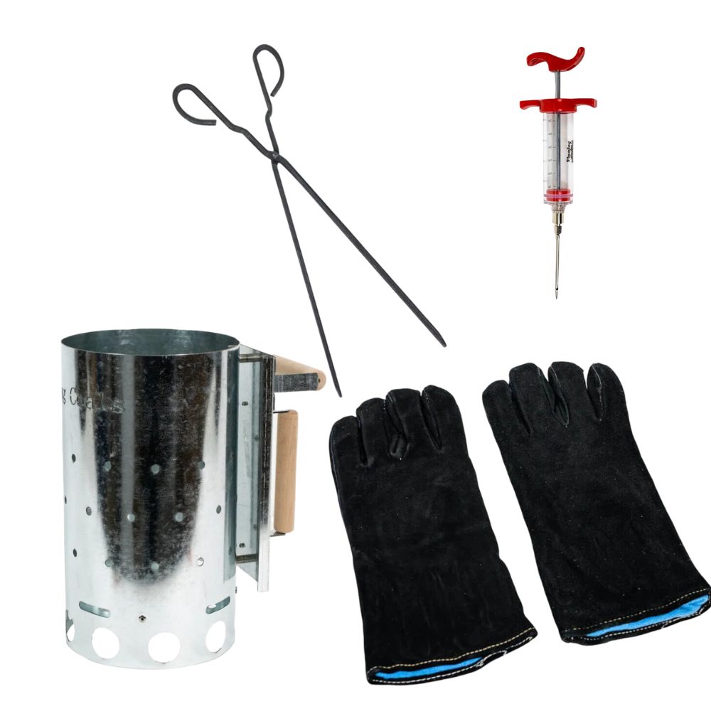 This is a picture showing what items are included in the spit roast accessory pack