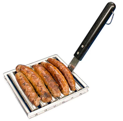  Barbecue sausage roller holding five browned sausages with a dark timber handle