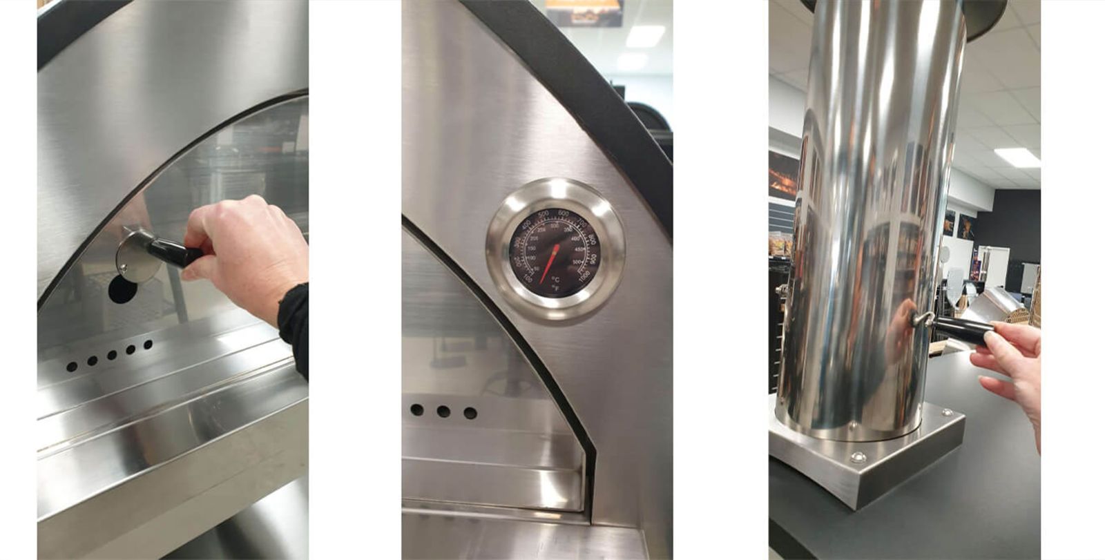 This image shows Pizza Oven's peep hole, Temperature Gauge and Flue  that allows airflow to be easily adjusted