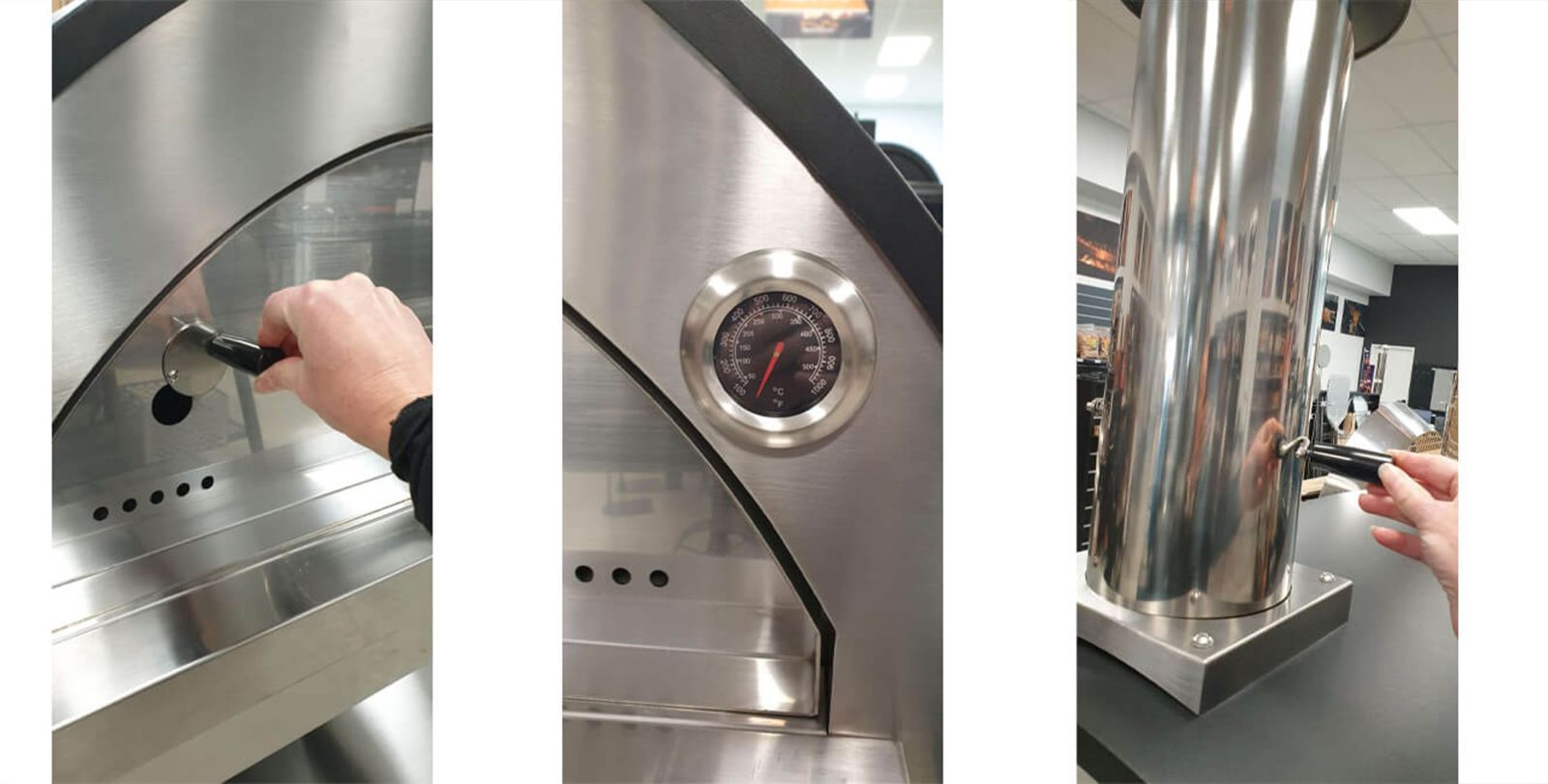This image shows Pizza Oven's peep hole, Temperature Gauge and Flue that allows airflow to be easily adjusted