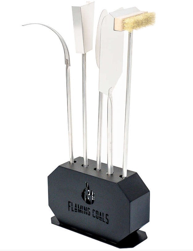 Image showing a pizza oven tool stand holding a range of pizza oven tools