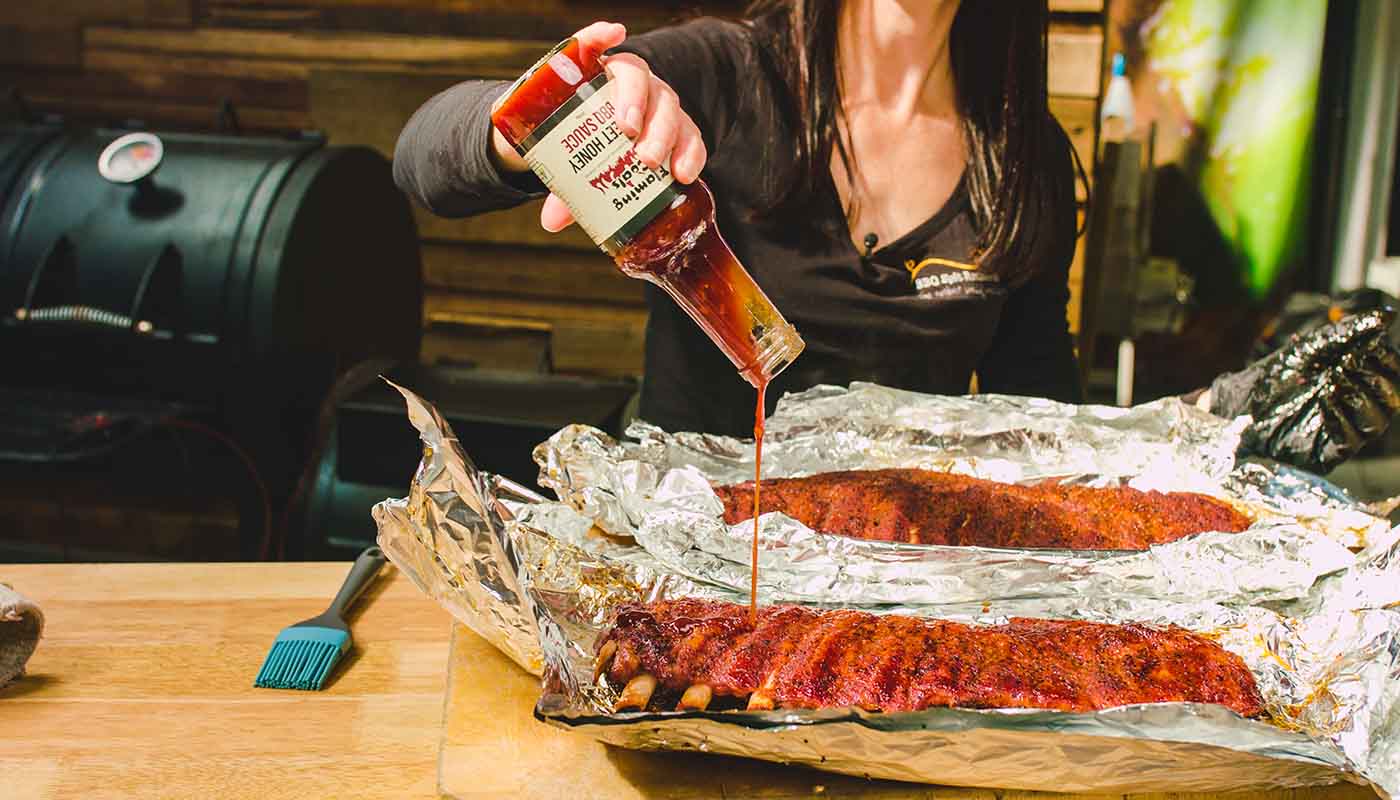 This image shows pork ribs seasoned with Flaming coals Sweet honey sauce