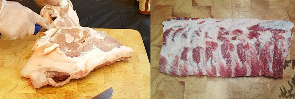 Trimming off the fat of the cuts of pork