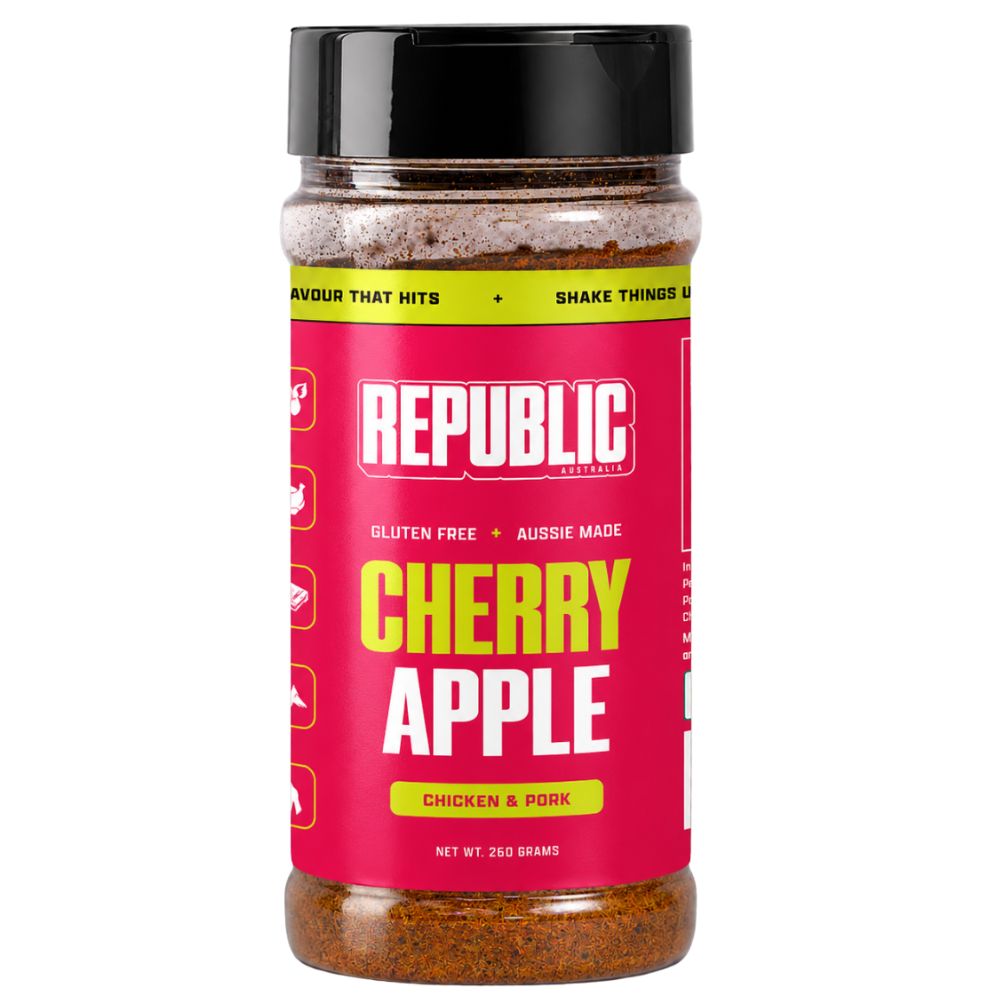 Republic Cherry Apple chicken and pork seasoning shaker jar with pink label and black lid