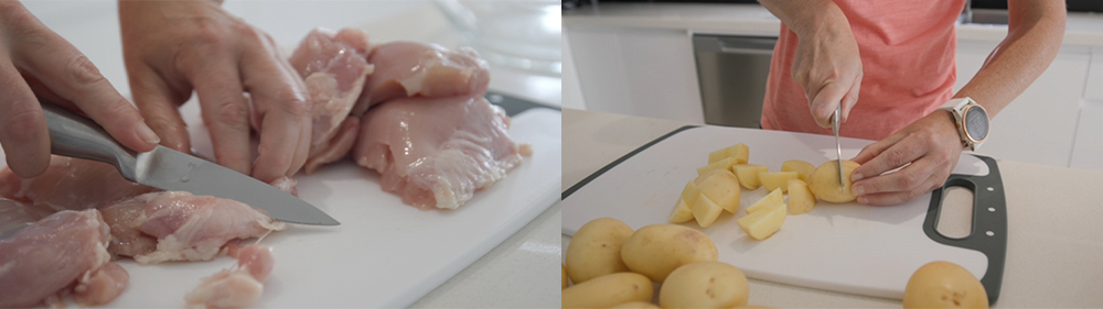 This_image_shows_the_excess_fat_of_chicken_thighs_being_removed_and_potaoes_being_cut