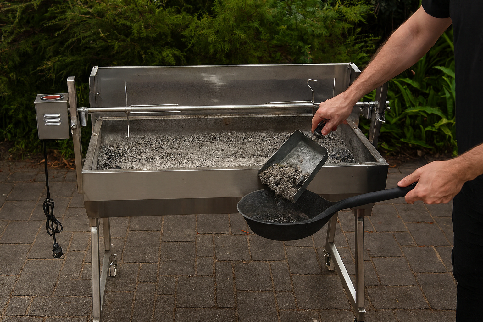 Person cleaning a stainless steel spit rotisserie by scooping cooled ash into a metal pan with a dustpan, demonstrating safe ash disposal after cooking.