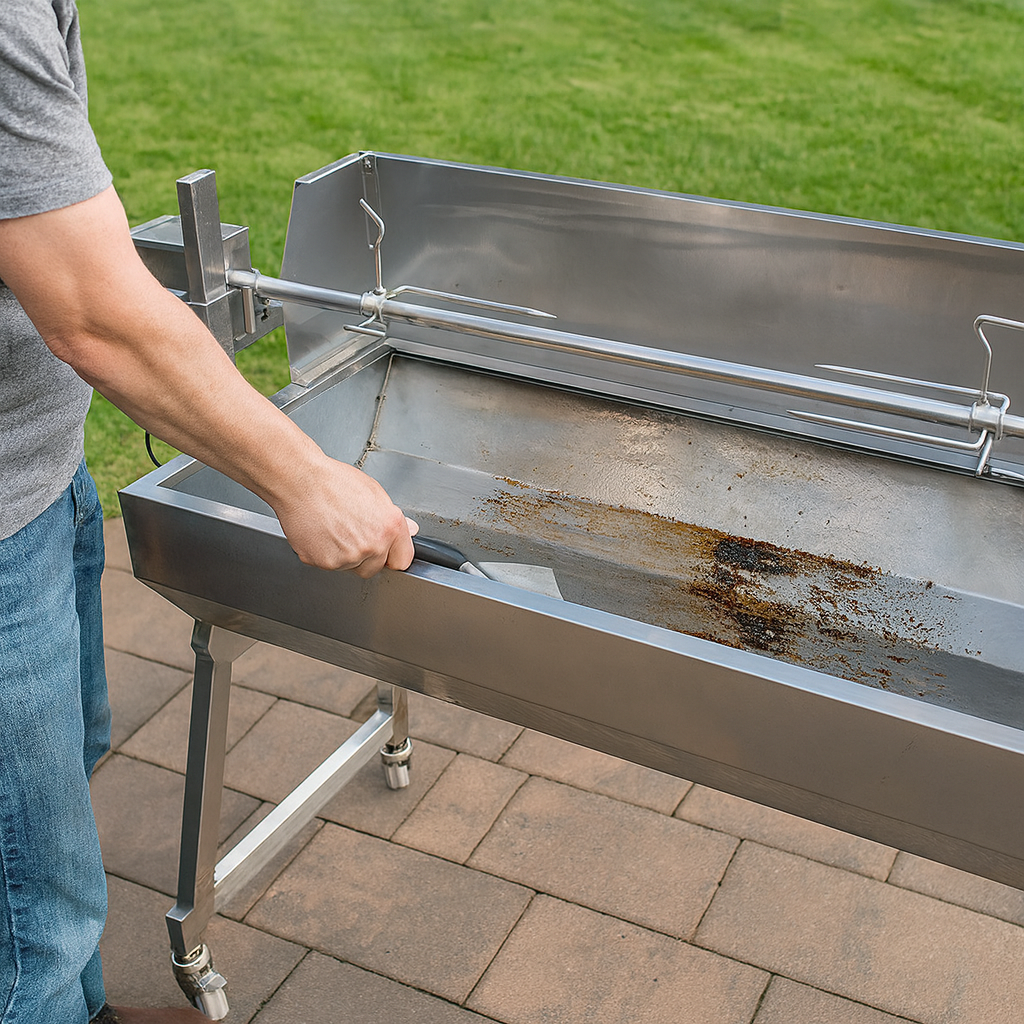 Person scraping baked-on fat and oil from the inside of a stainless steel spit rotisserie, demonstrating how to clean the spit body after cooking.