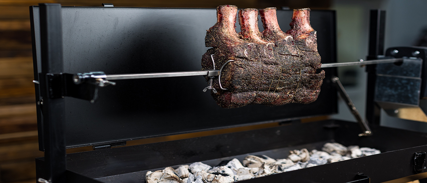 This image shows a ribeye cooked on Mini Spit Roaster