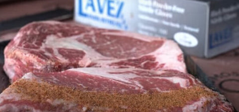 This photo shows a Ribeye Steak seasoned with Cow Cover Hot Rub and Texas Beef Rub