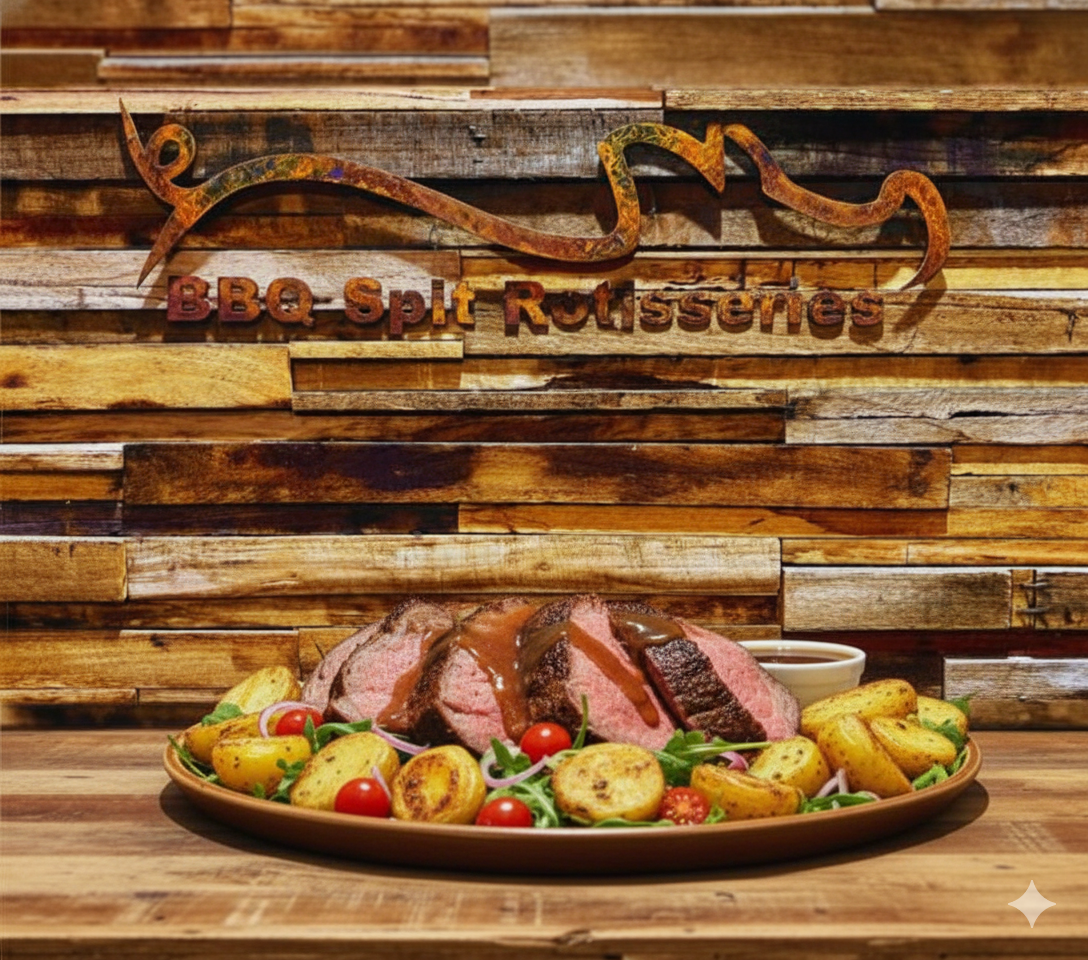 Sliced roast beef served with roasted potatoes, cherry tomatoes and greens on a platter in front of the BBQ Spit Rotisseries sign.