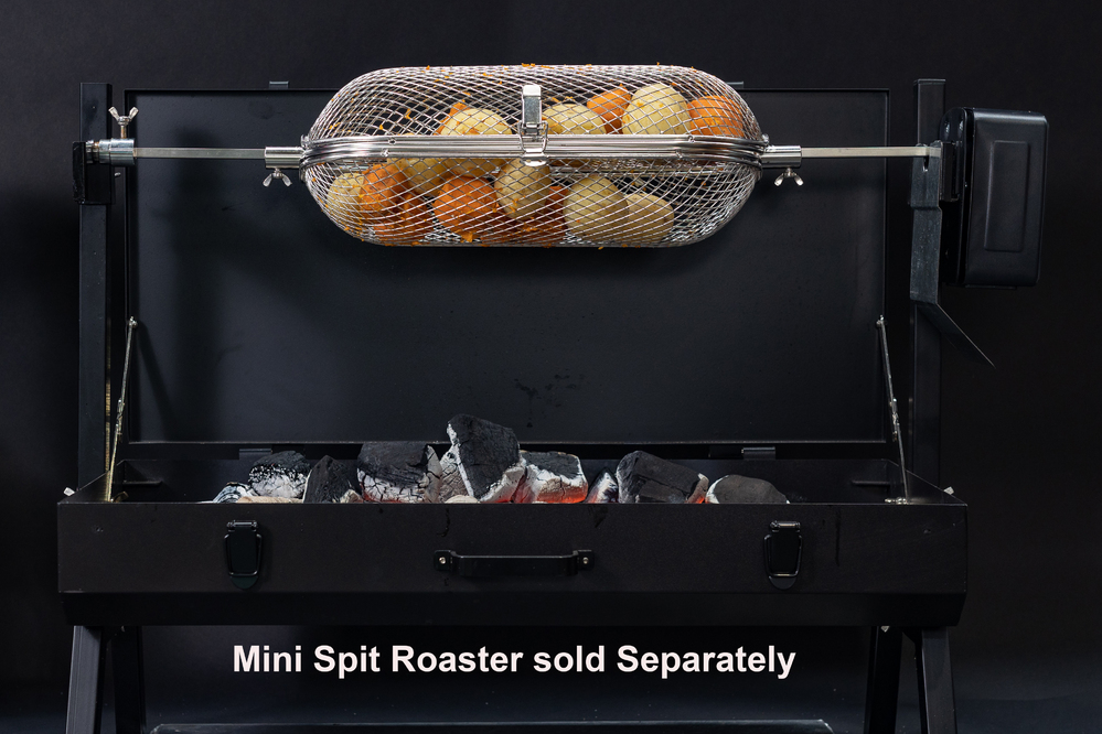 This image shows the mini spit roaster and the rotisserie basket