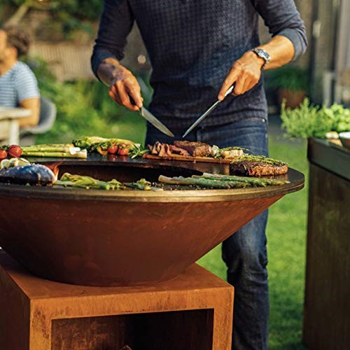 this image shows how to cook on the Round Rustic Firepit BBQ with wood storage - 1000mm