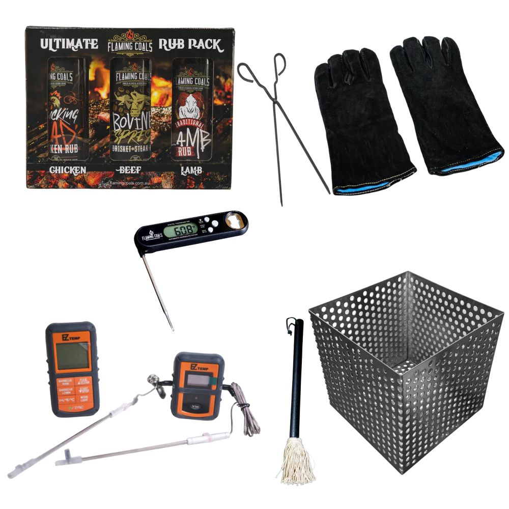 This is an image showing all the accessories that are essential to using and cooking in an offset smoker