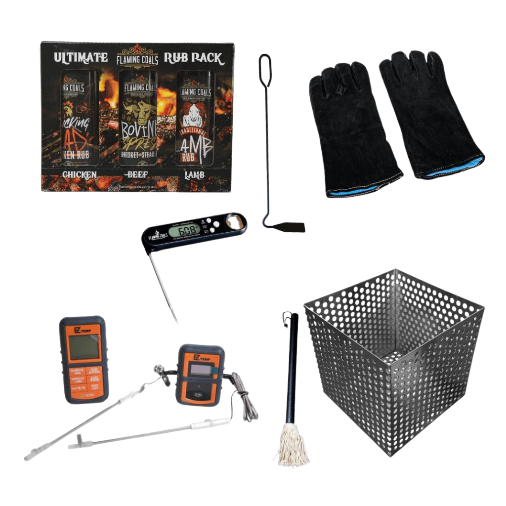 This is an image showing all the accessories that are essential to using and cooking in an offset smoker