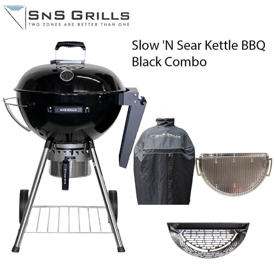 This image shows SNS Grills - Slow 'N Sear Kettle BBQ- Black Combo