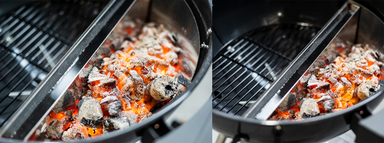 Close-up of glowing charcoal briquettes in the Slow ‘N Sear charcoal basket, showing the two-zone cooking setup inside an SNS Kettle BBQ.