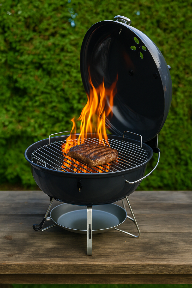 Searing steak with grill marks cooking over open flames on a SNS Travel kettle BBQ.