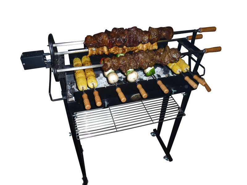 This image shows a Cyprus Grill loaded with meat and corn