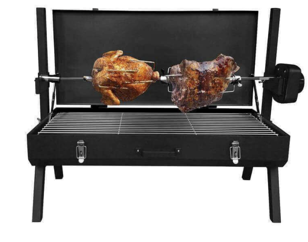 an image of the Flaming Coals Mini Spit Rotisserie with Windshield and Battery-Operated Motor (Red)