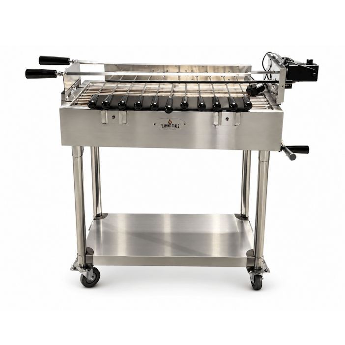 Cypriot Souvla BBQ – 2 Skewer Stainless Steel Spit Rotisserie | Flaming Coals