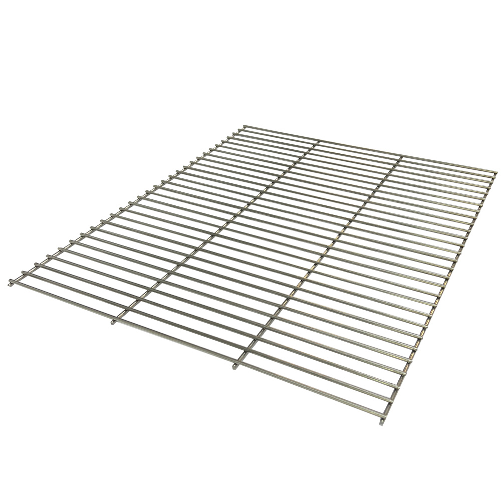 Stainless steel BBQ grill measuring 435mm x 535mm for charcoal grilling and compatible Gen 1 Flaming Coals spit rotisseries.