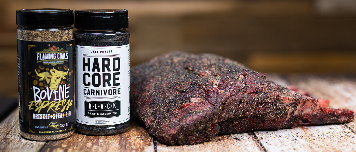 This image shows a seasoned rib eye with bovine espresso rub and black carnivore's beef seasoning. 