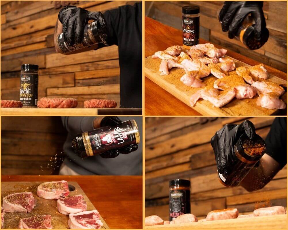 Applying Flaming Coals BBQ rubs to burger patties, chicken wings, lamb chops, and sausages on wooden boards, ready for grilling.