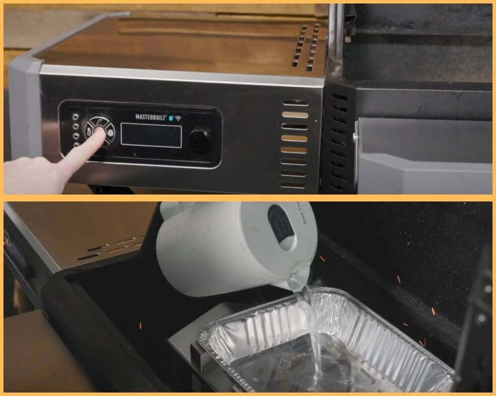 Setting Masterbuilt smoker to 300°F and placing a tray of water beneath the meat for smoking
