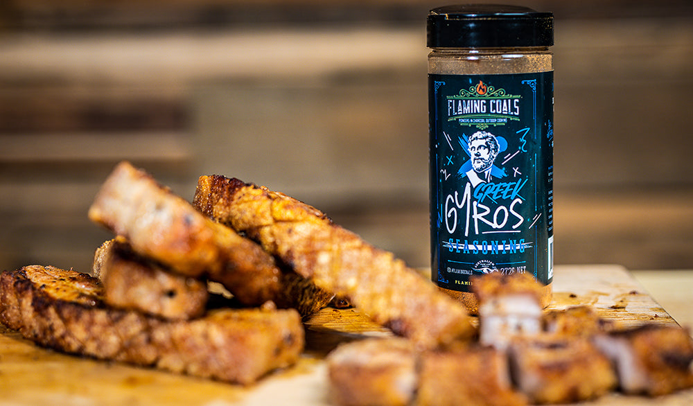 This image shows sliced crispy pork belly and Greek Gyros Seasoning