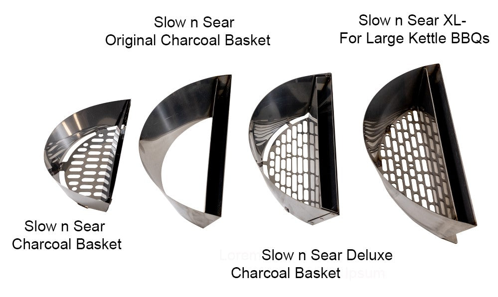 This is a comparison image of all current slow n Sear charcoal baskets available.