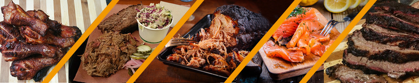 Different smoked meat cuts including chicken wings, pulled pork, smoked salmon and beef brisket