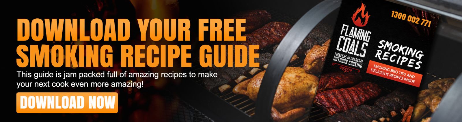 This is a picture of the Smoking recipe Book banner that links to a page where you can download the free recipe book for smoking meat
