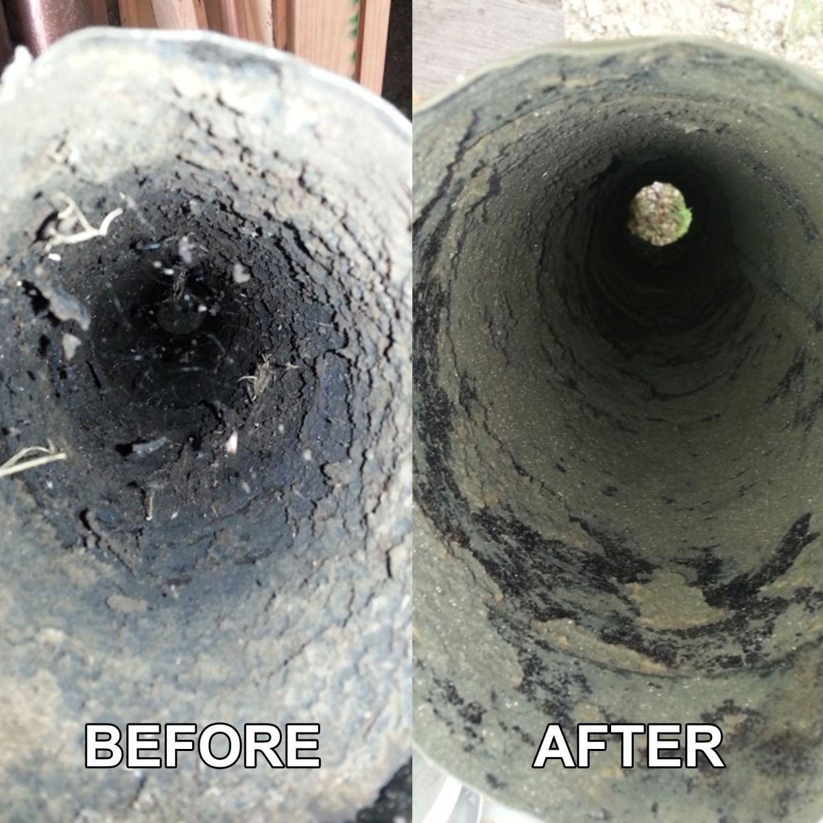 this photo shows before and after picture of a chimney that was cleaned with Soot Loose