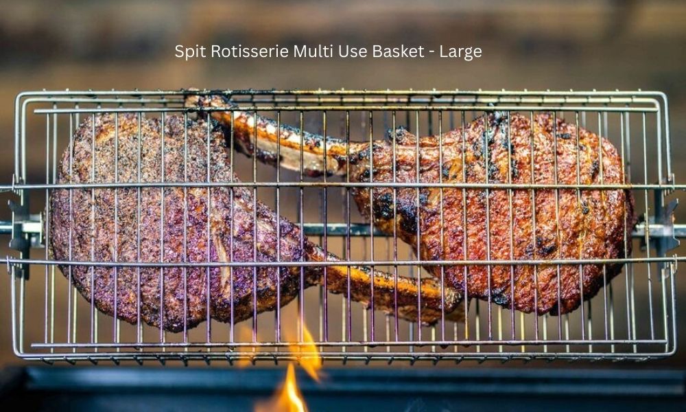 Spit rotisserie multi use basket large holding steaks cooking over charcoal