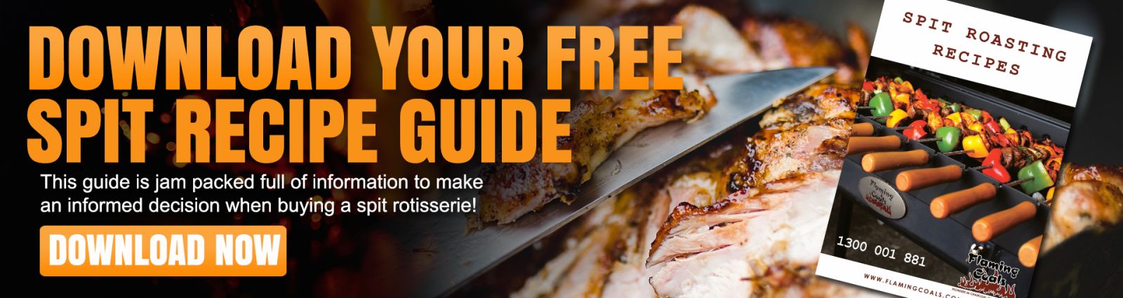 This is a picture of the Spit recipe Book banner that links to a page where you can download the free recipe book for spit Roasting