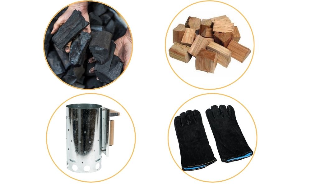 This image shows lump charcoal, wood, chunks, Charcoal chimney Starter and heat proof 