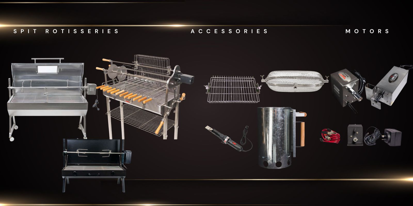 Display of BBQ Spit Rotisseries products on a black background, featuring spit rotisseries, cooking accessories like baskets and charcoal starters, and a range of rotisserie motors categorized under 'Spit Rotisseries,' 'Accessories,' and 'Motors