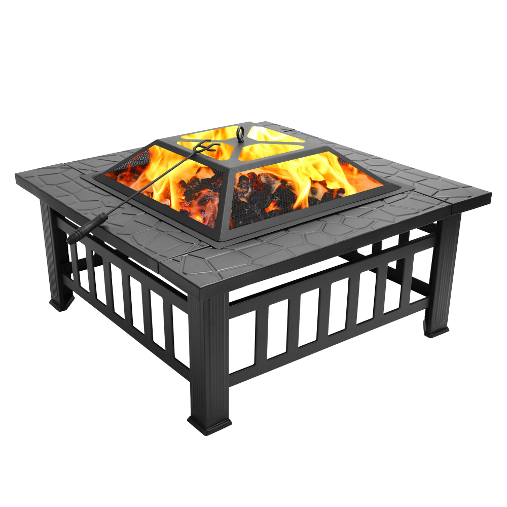 This image presents a Square Firepit 900mm with Cooking Grill and a burning fire inside