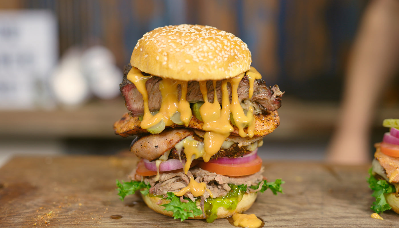 This image shows a delicious stacker burger